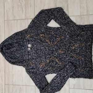 BKE Hoodie Sweater Marled Knit Pullover Hooded Gray Black Brown Medium Buckle